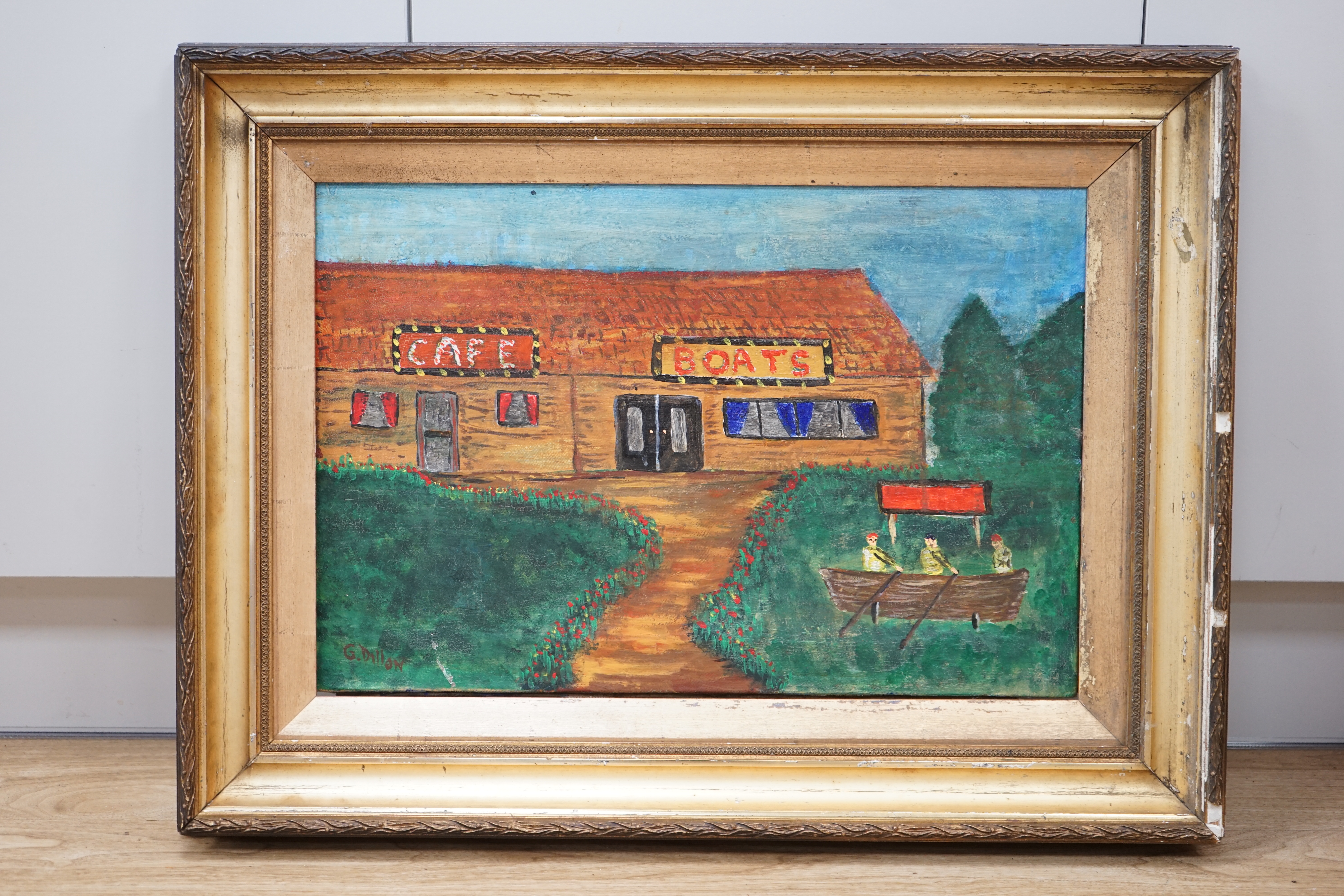 After Gerard Dillon (1916-1971), decorative oil on canvas, Cafe and Boat hire scene, 35 x 53cm. Condition - fair, would benefit from a clean, canvas sagging slightly